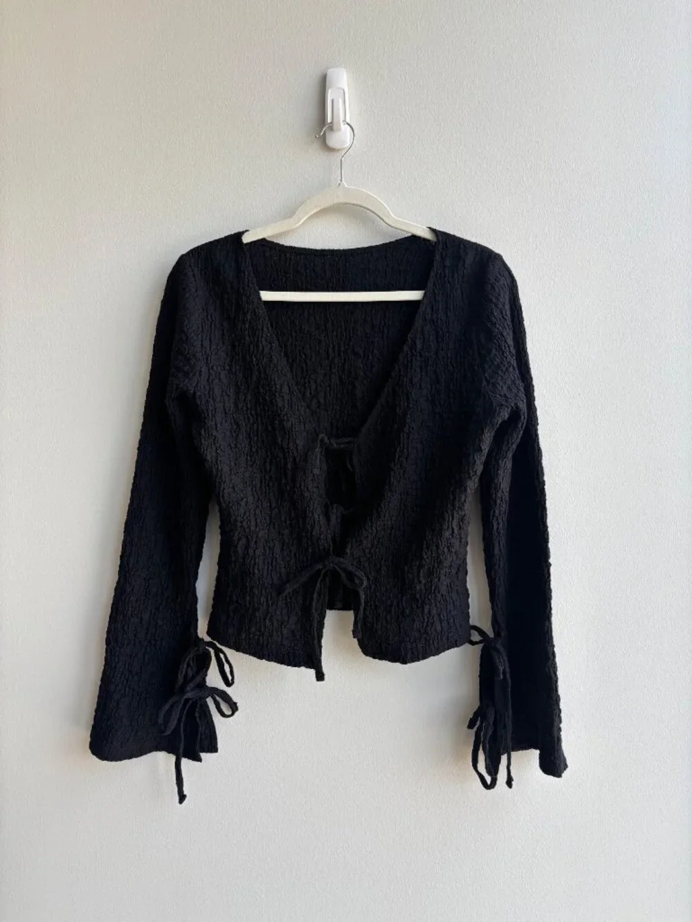 NA-KD Structured Crinkle Bell Sleeve Tie-Front Top | Black | Size M